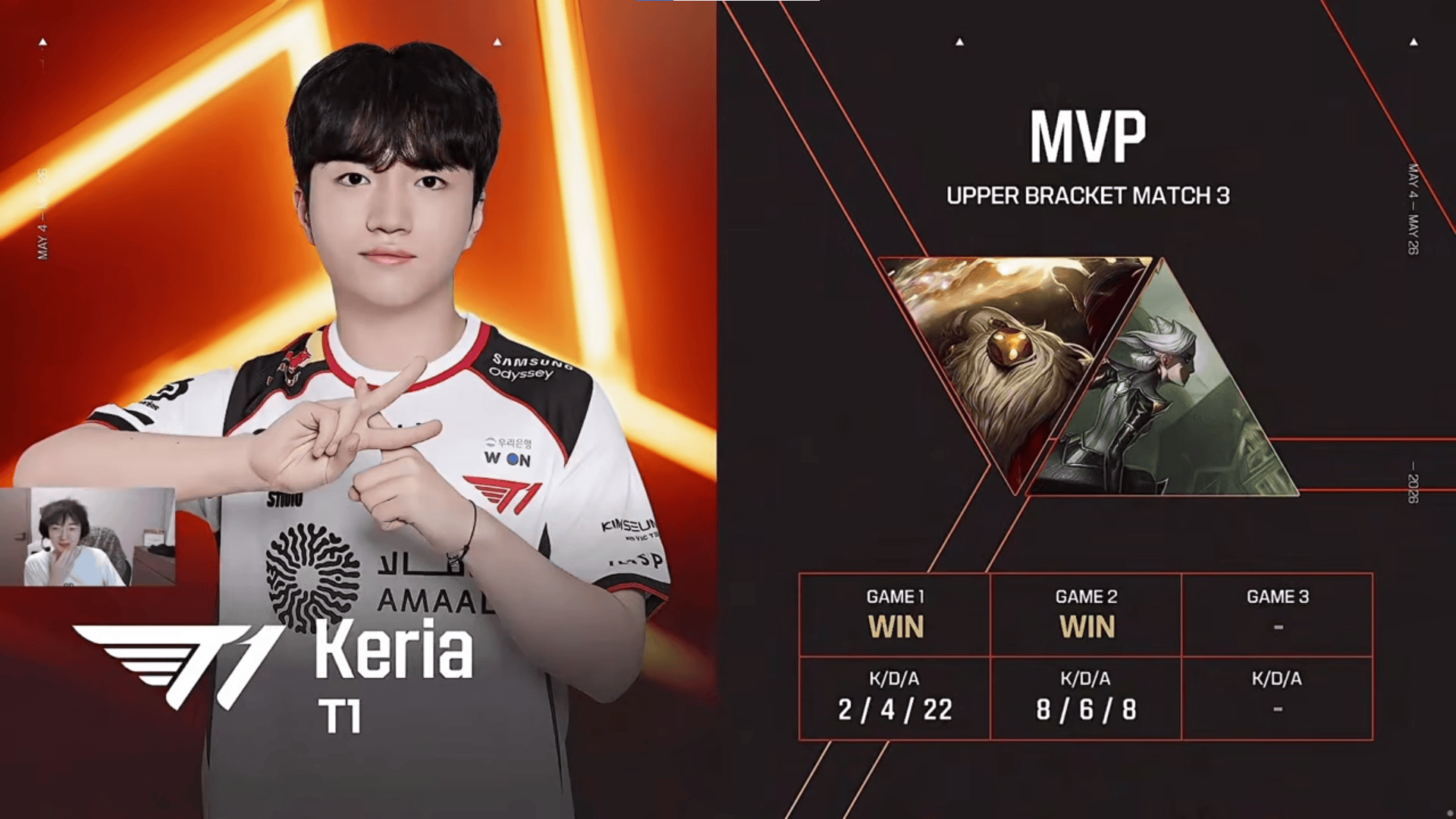 Keria两局合砍10/10/30的战绩，拿下T1对阵BRO系列赛MVP