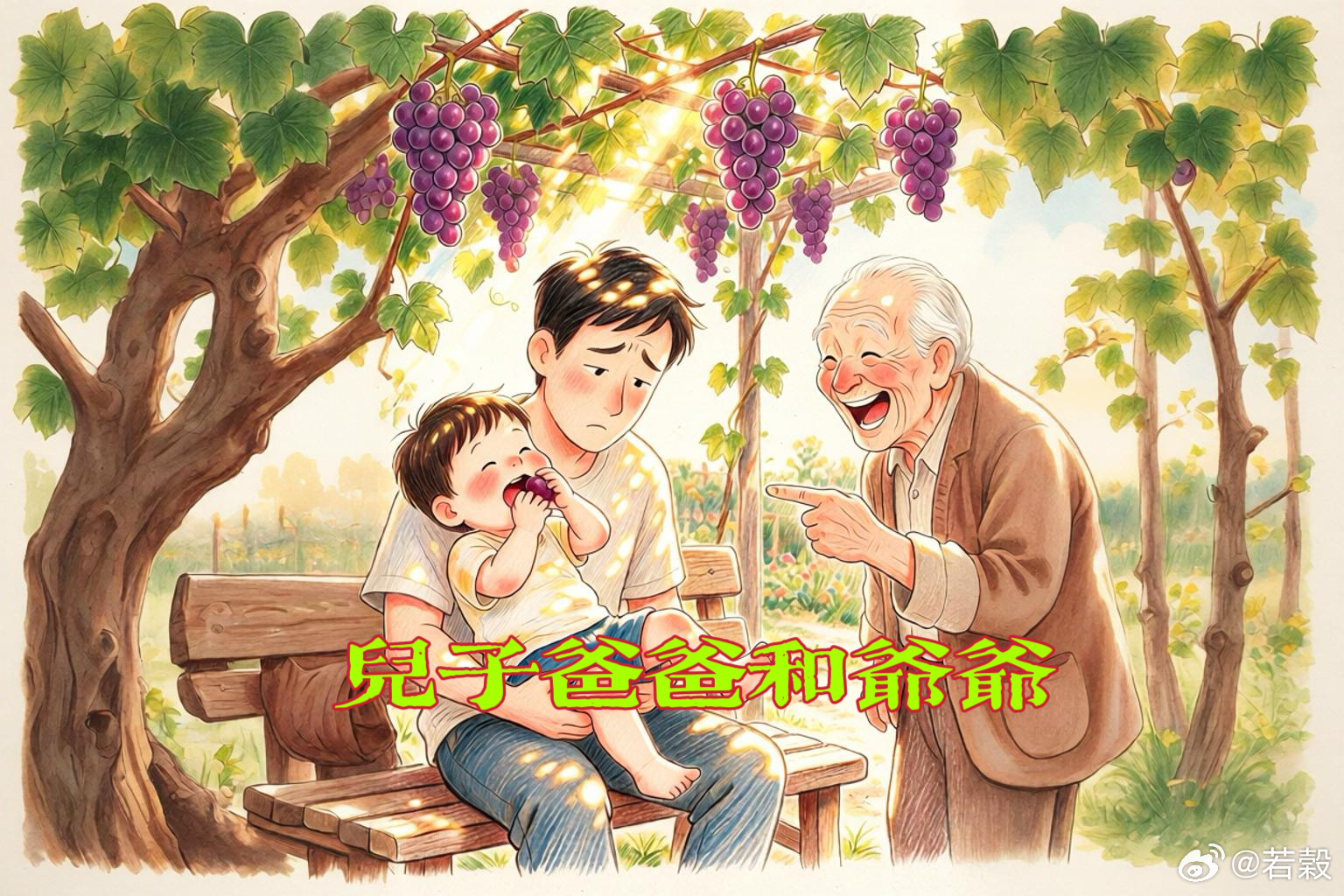 【微小说：儿子、爸爸和爷爷】　　爸爸抱着儿子，在自家葡萄架下摘葡萄。儿子蹬着腿，