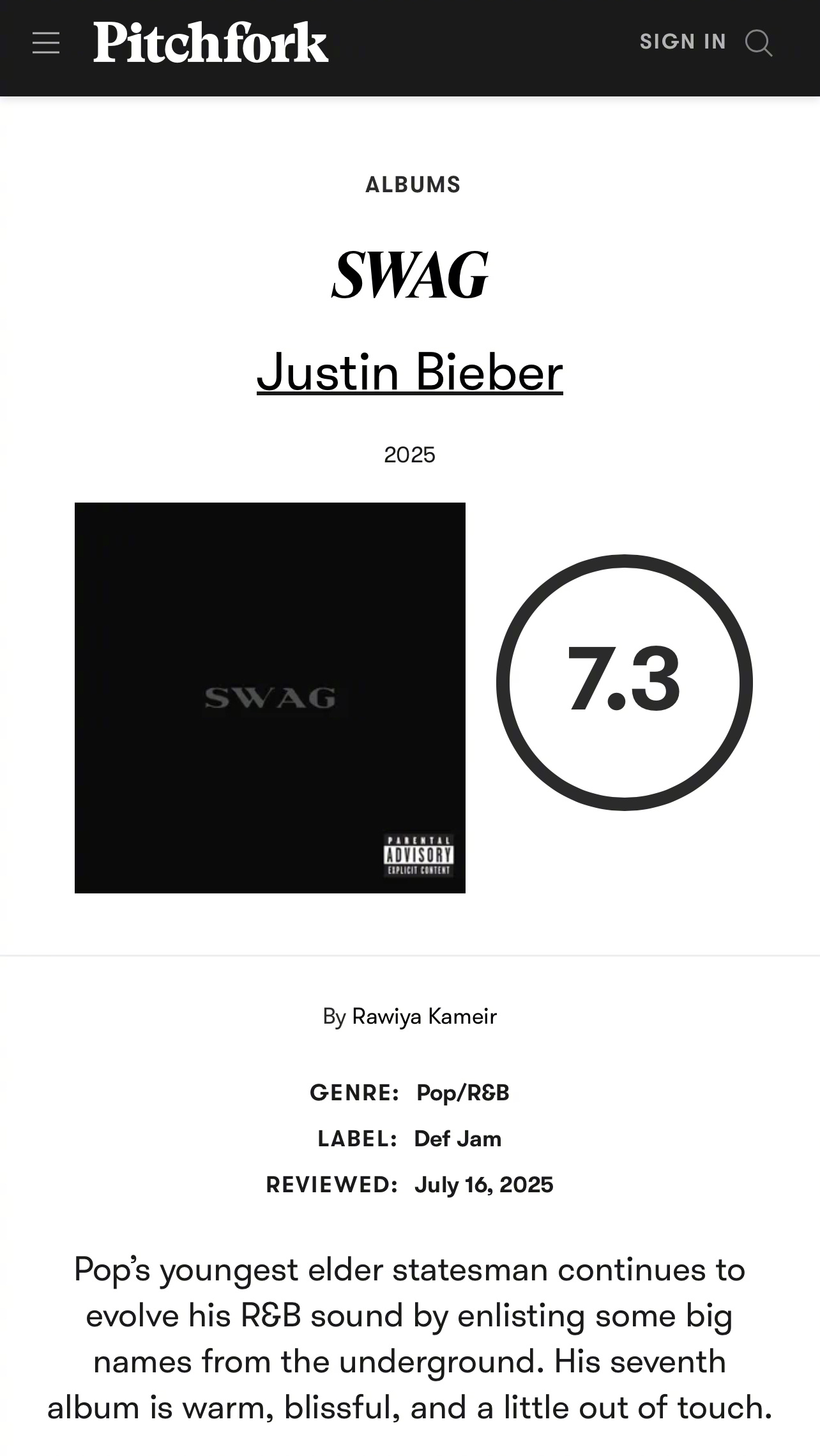 Wow！婊叉Pitchfork给贾斯汀比伯Justin Bieber新专辑《SW