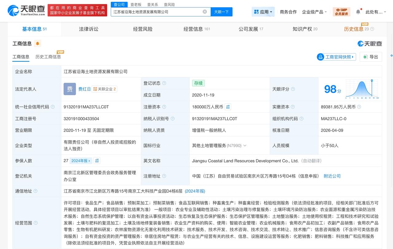 江苏省沿海土地资源发展公司增资至18亿 增幅约13%
天眼查工商信息显示，近日，