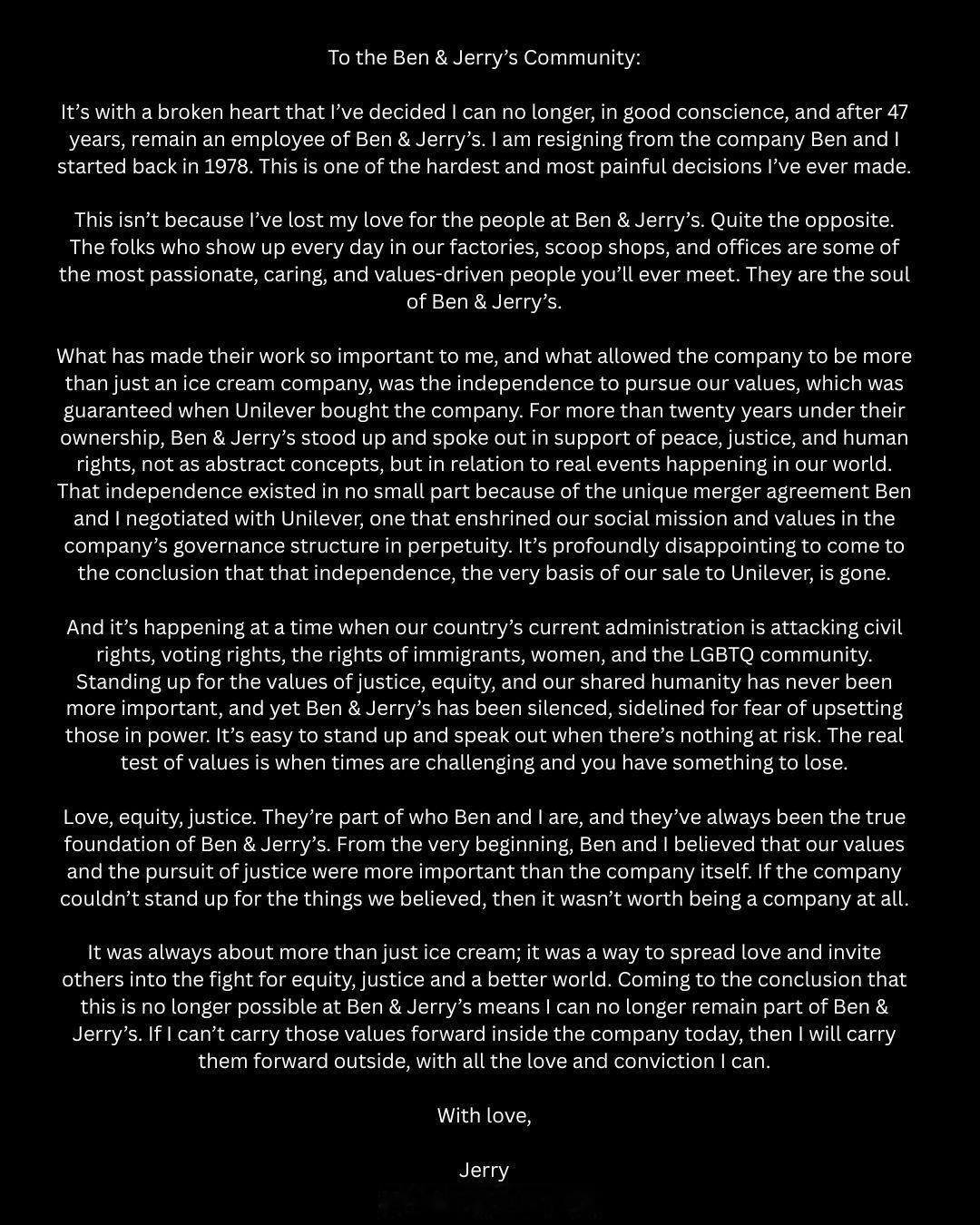 Ben & Jerry’s 联合创始人Jerry Greenfield宣布，在经