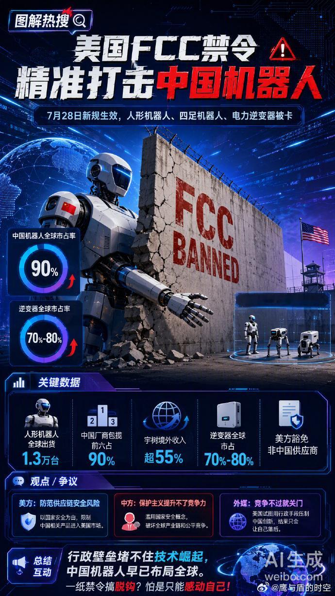 美国禁止进口中国机器人FCC 一纸新规，把新款先进机器人挡在美国市场门外。不封禁