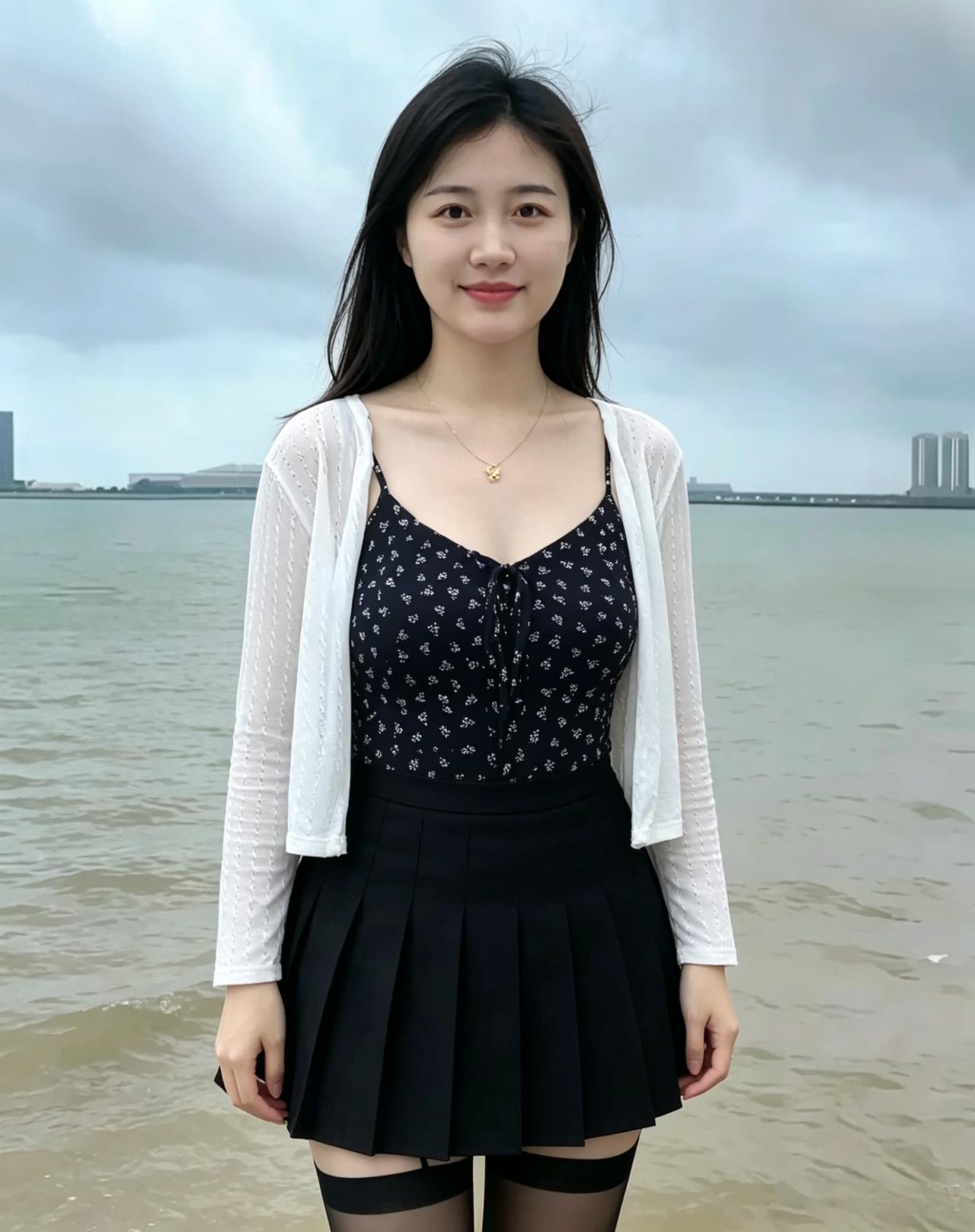 薄衫轻拂海云凉，笑靥如花映水光。
风动青丝衣袂软，不施脂粉也芬芳。