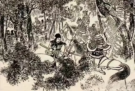 “我让你敲你再敲。”在密密的山林中有一支队伍带着鼓拿着锣，一位大将骑着...