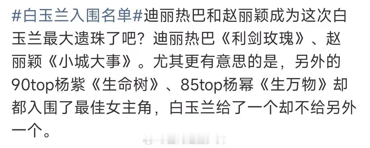 迪丽热巴赵丽颖白玉兰遗珠 白玉兰入围名单  迪丽热巴18年就有奖了哦 现在还是9