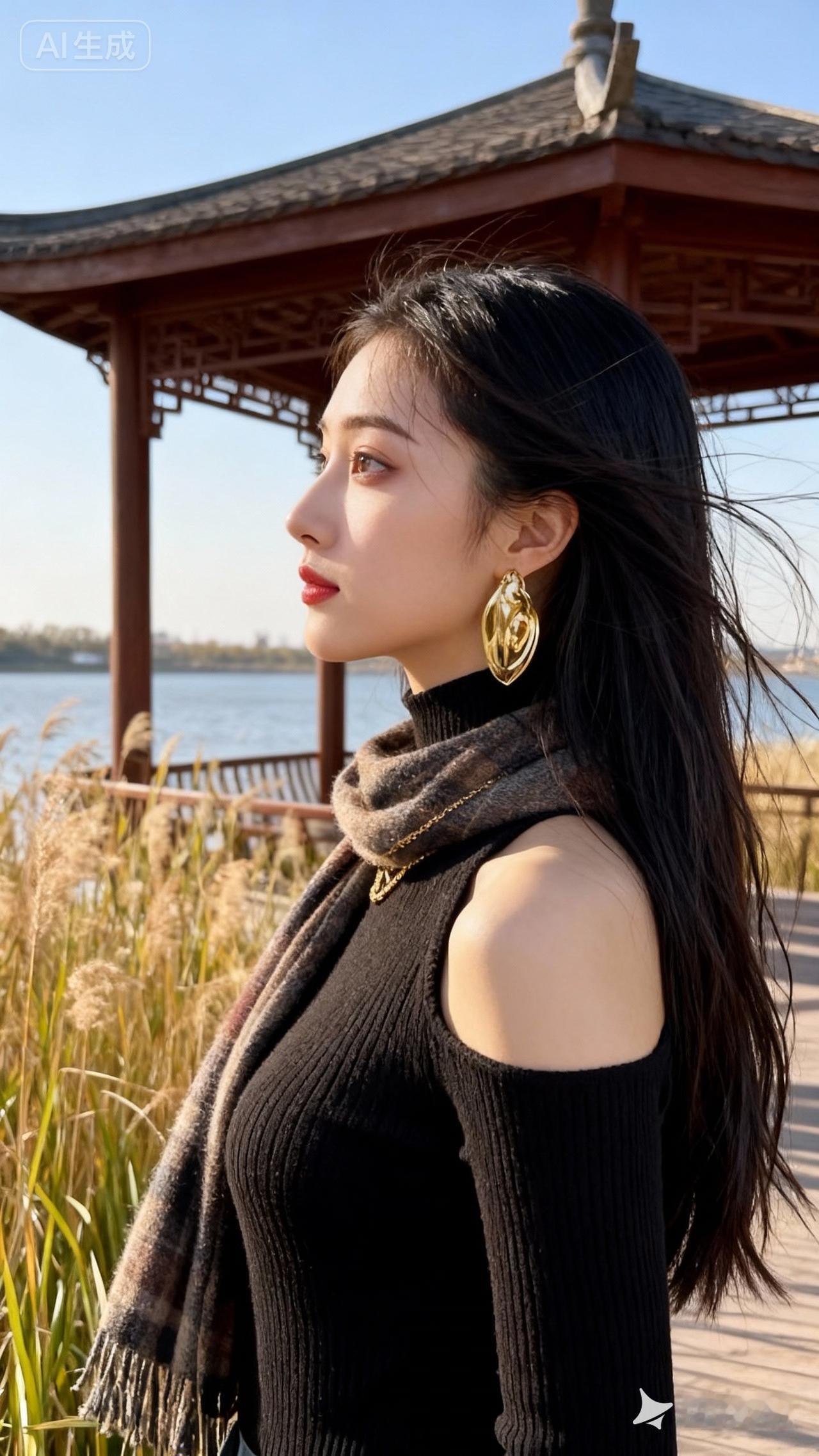 秋日漫步，黑纱围巾与金色耳环的优雅搭配，尽显时尚与自然之美。