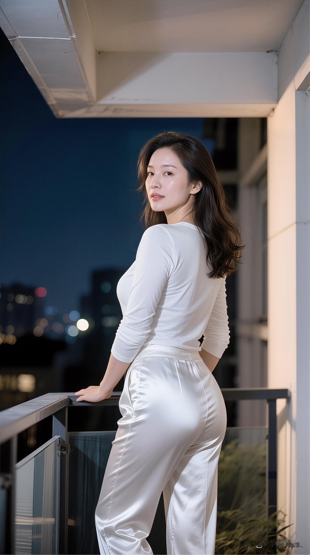 夜晚阳台上的优雅白衣女子，尽显都市时尚魅力。