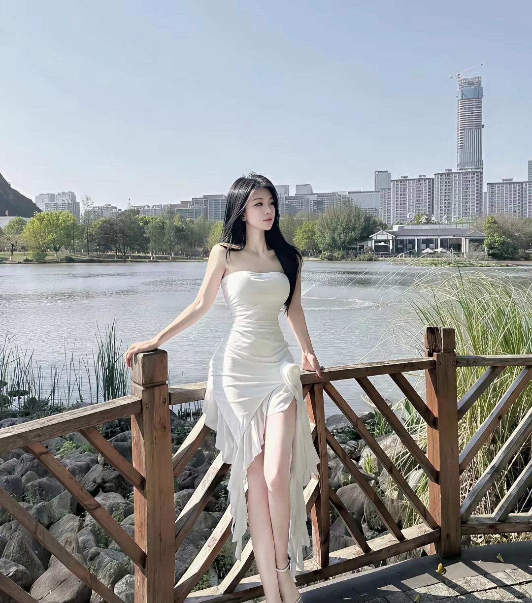 阳光下的优雅时光，白色连衣裙与自然美景的完美融合。