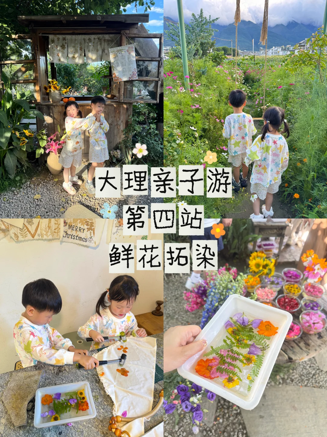 大理亲子游💐龙凤胎第一次体验鲜花拓染