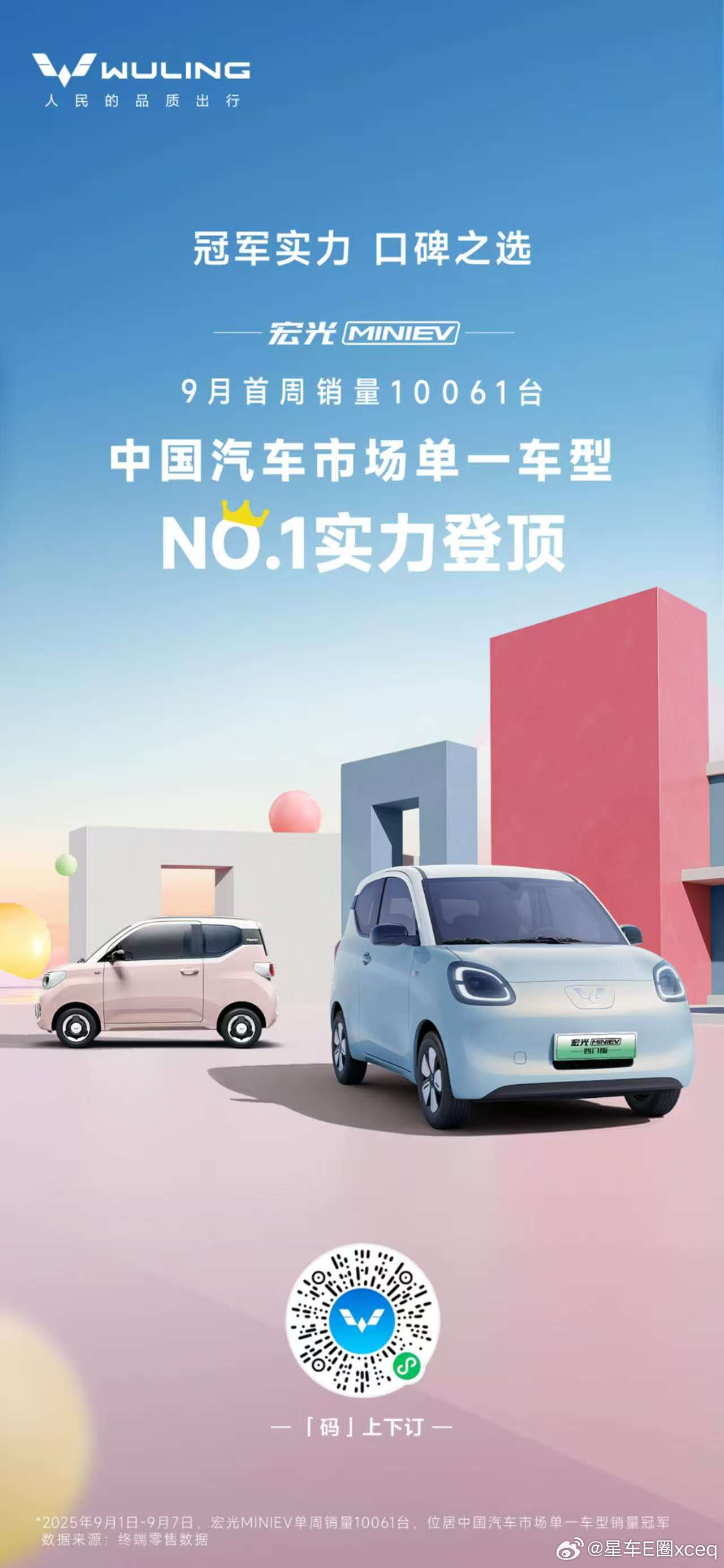 冠军实力，口碑之选！宏光MINIEV九月第一周荣获中国汽车市场单一车型冠军！宏光