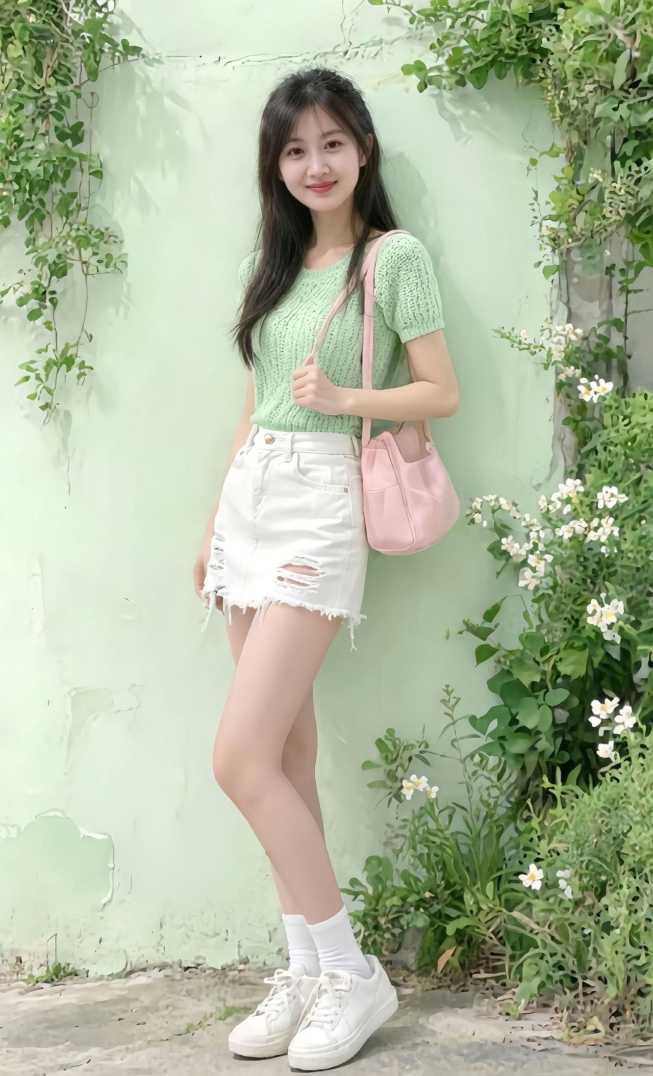 绿上衣白裙清新穿搭长腿小白袜。怎样穿搭能显示出温柔的女生气质? 女生穿棉袜好看吗