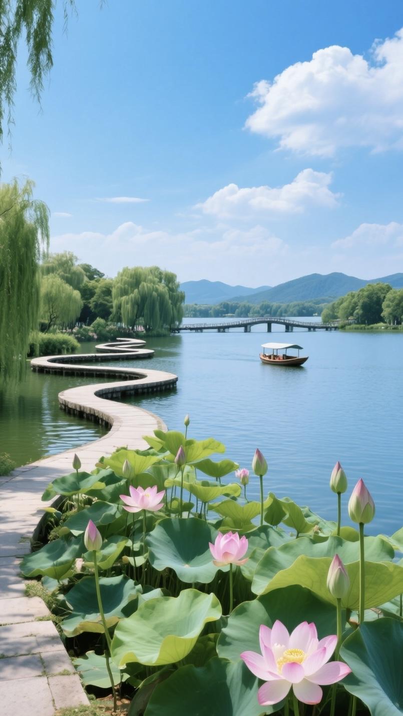 粉荷映碧波，小舟悠然行，心旷神怡处。