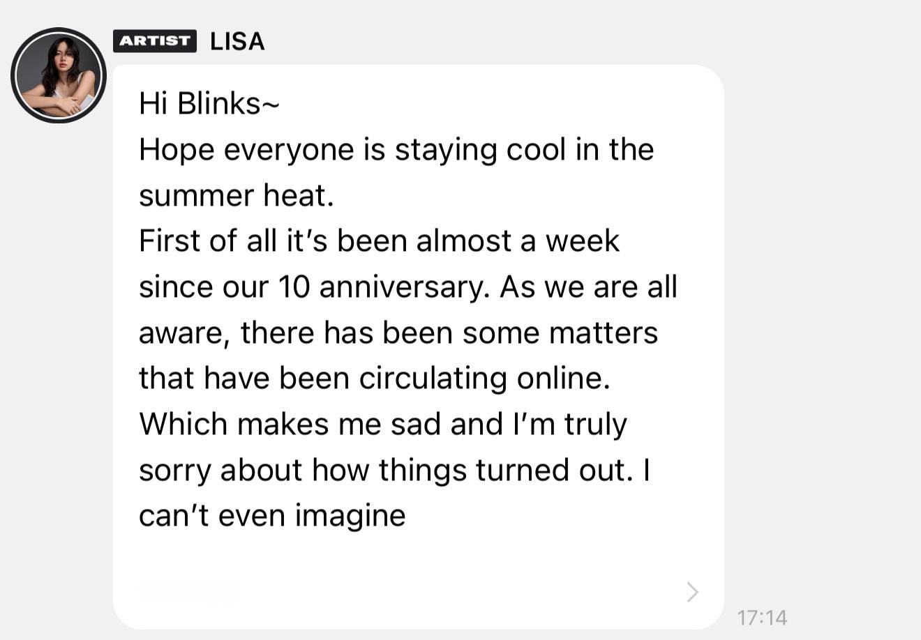 LISA  🫧更新 宝宝啊😭😭😭😭 “嗨，Blinks～希望大家在炎热