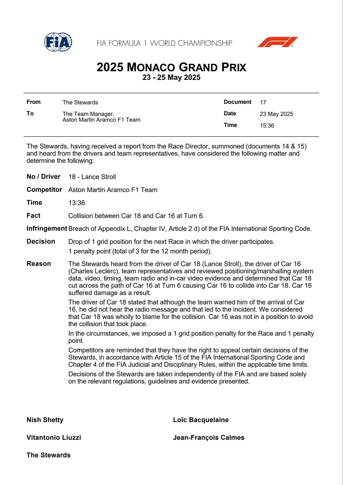 F1 斯托尔被罚在正赛中退后一位发车。 ​​​