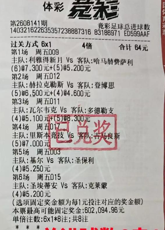 彩友64元拿下竞彩36万奖金属实豪横：6场串关都是进球数，而且都是高难度的4球5