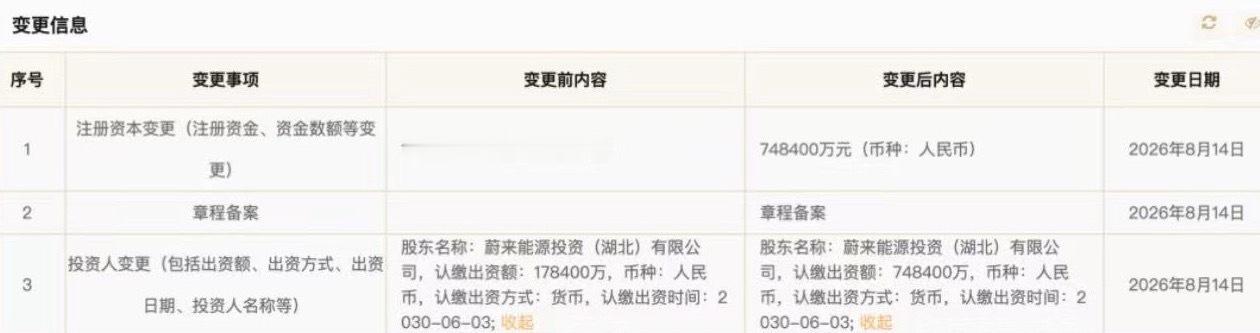 蔚来能源 近日，武汉蔚来能源有限公司发生工商变更，注册资本由17.84亿元增至7