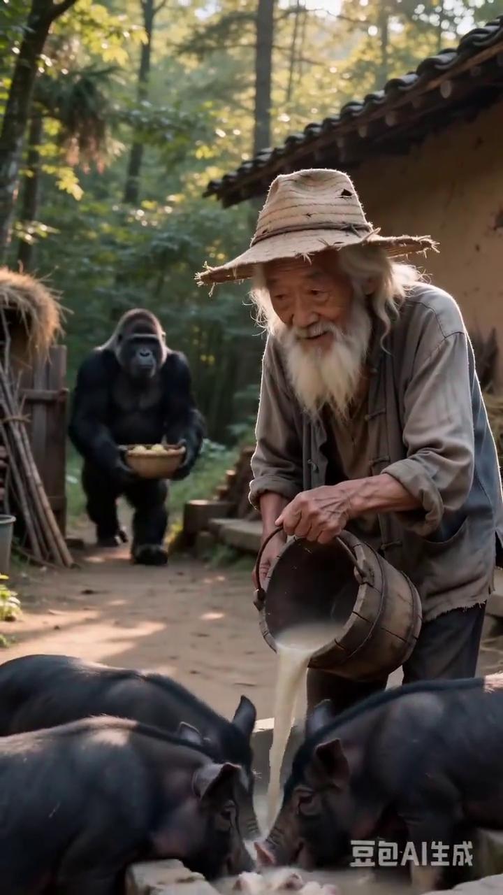 这是我在山里救过的一只大猩猩，它总在我干活的时候给我送吃的，能不能给我们一点鼓励
