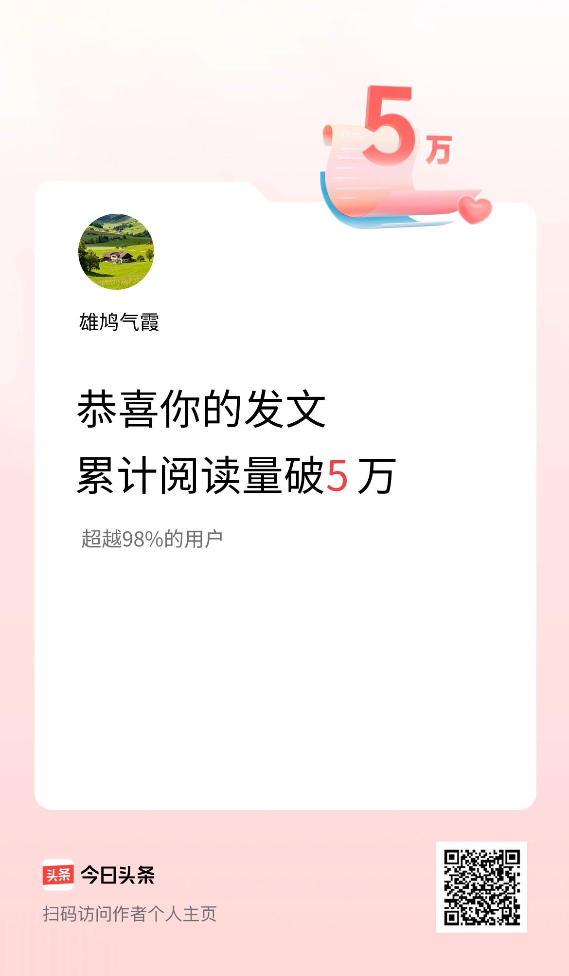 🤝我在头条累计获得阅读量破5万啦！