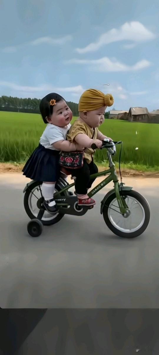 今天出门，看到两个小孩骑自行车玩得超开心。他们穿着色彩鲜艳的衣服，在小道上你追我