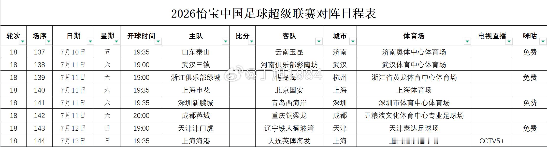 2026怡宝中国足球超级联赛第18轮转播计划表注：因天气影响，本轮部分场次或延期
