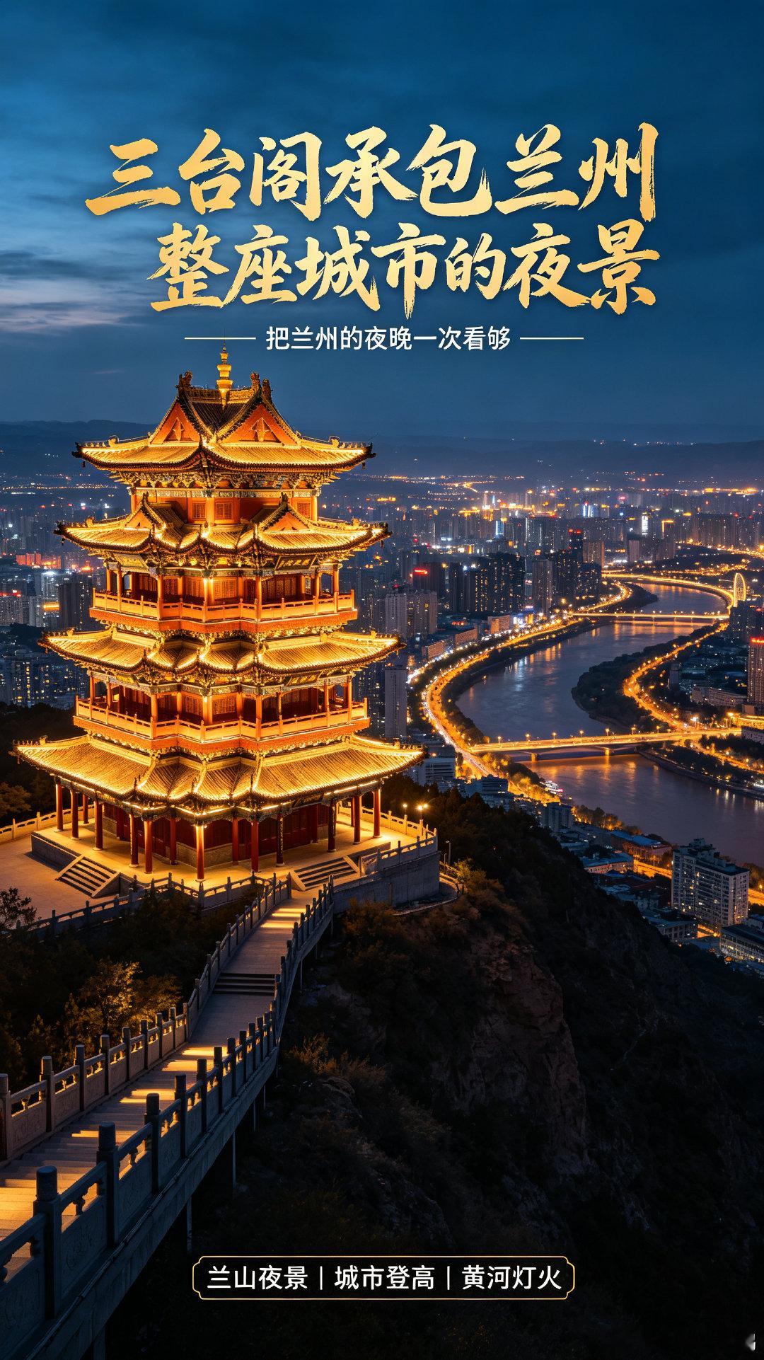 三台阁承包兰州整座城市的夜景登上皋兰山三台阁，才算读懂兰州夜晚的磅礴。夜幕缓缓笼