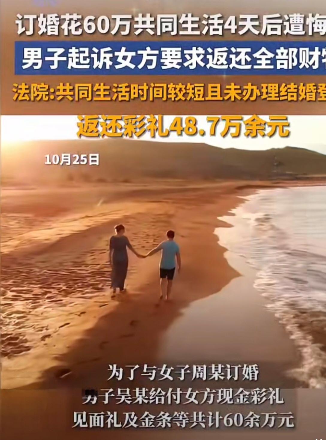 60万彩礼4天婚约：法院判返48.7万背后的法理
 
江西金溪男子吴某的订婚，终