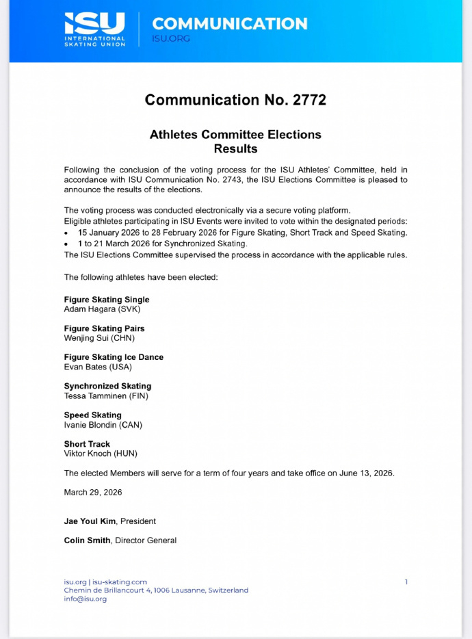 隋文静当选国际滑联运动员委员会委员 国际滑联公布运动员委员会委员竞选结果，当选国