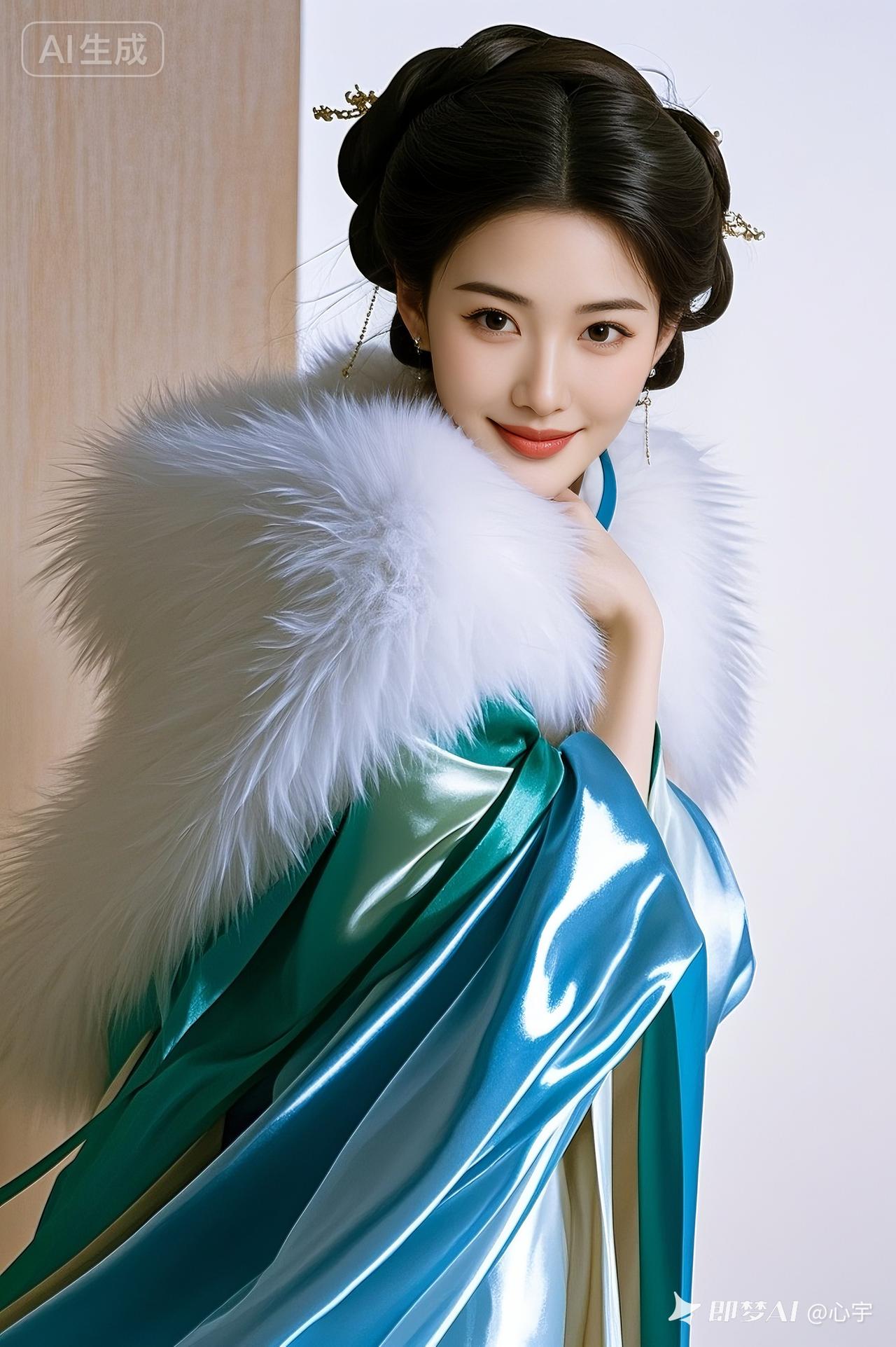 美人盘发精致，温柔浅笑，肌肤细腻，妆容清新。浅蓝浅绿披风配白毛绒领，白真丝亮面华