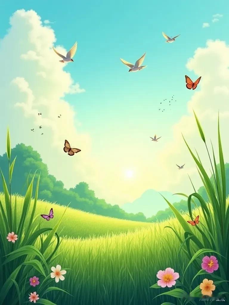 这幅图展现的是立夏时节的田园景色，绿油油的禾苗于微风里轻轻晃动，燕子低飞着忙碌地