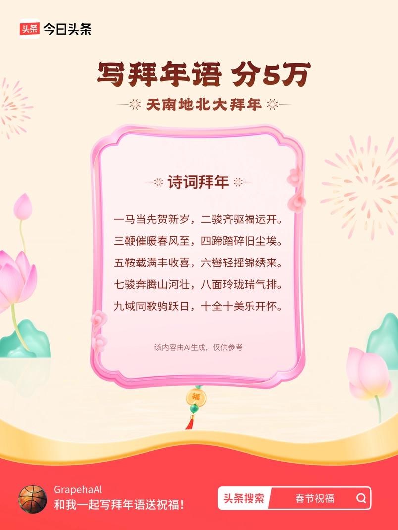 写拜年语送祝福新春拜年送祝福！我的祝福是：“一马当先贺新岁，二骏齐驱福运开。三鞭