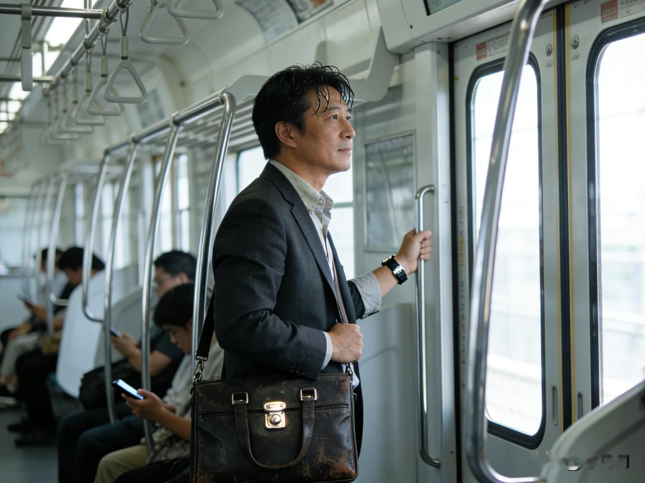 昨天下班，我在地铁上看到一个人。

四十多岁，西装虽然旧但熨得笔挺，头发梳得一丝