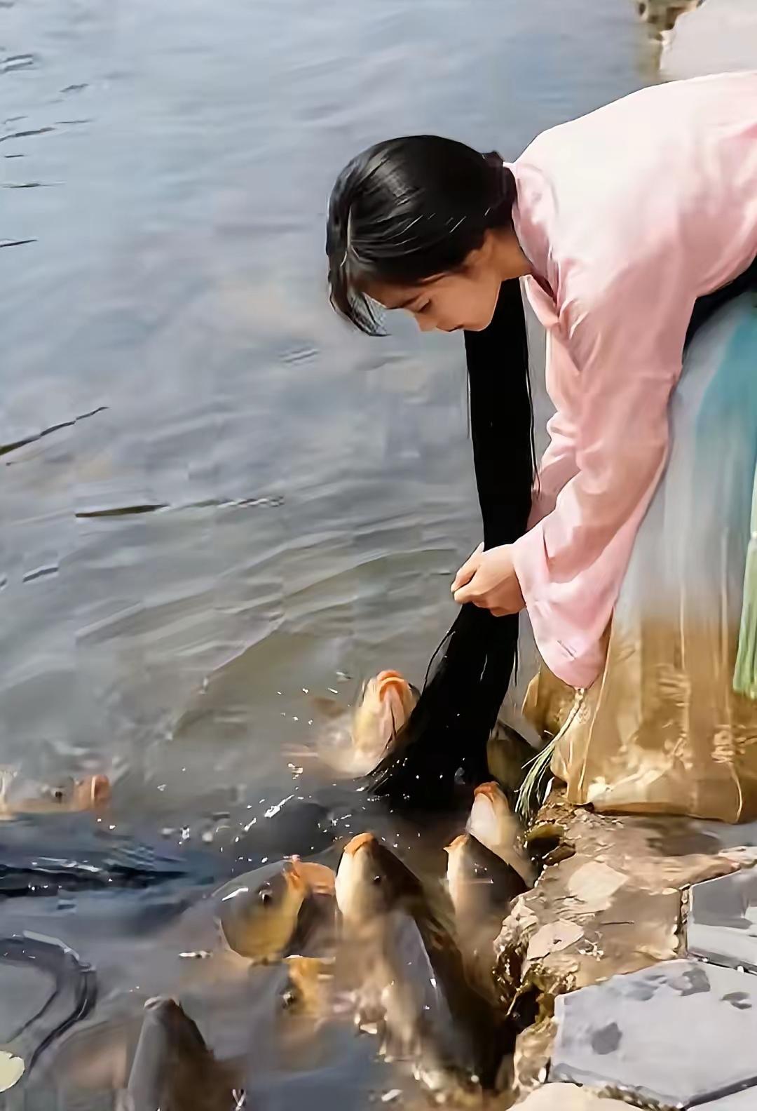 你能想象吗？一位美女在河里洗头，竟引得一大群鲤鱼蜂拥而至，更离奇的是，她起身时仿