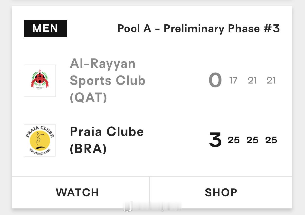 2025男排世俱杯小组赛第一轮，海滩3比0阿尔赖扬（25-17 25-21 25