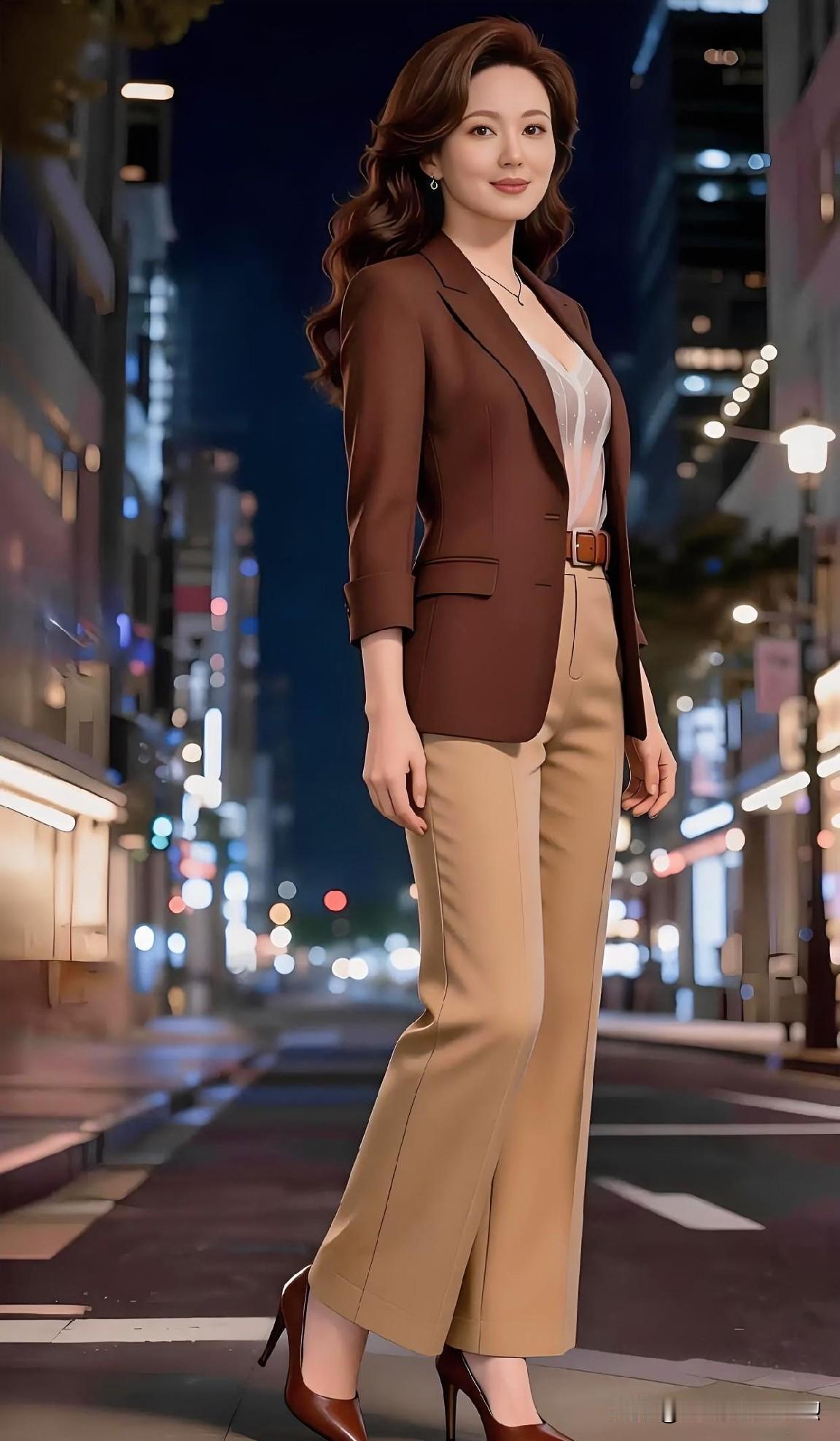 都市夜色中，棕咖套装勾勒挺拔身姿，优雅干练尽显成熟女性魅力。