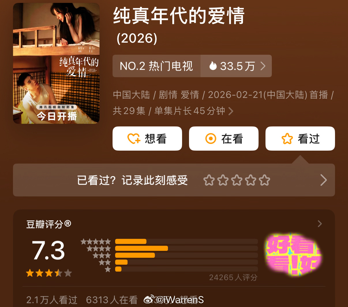 陈飞宇新剧纯真年代的爱情豆瓣开分7.3分，你们觉得这个分数高了还是低了呢？