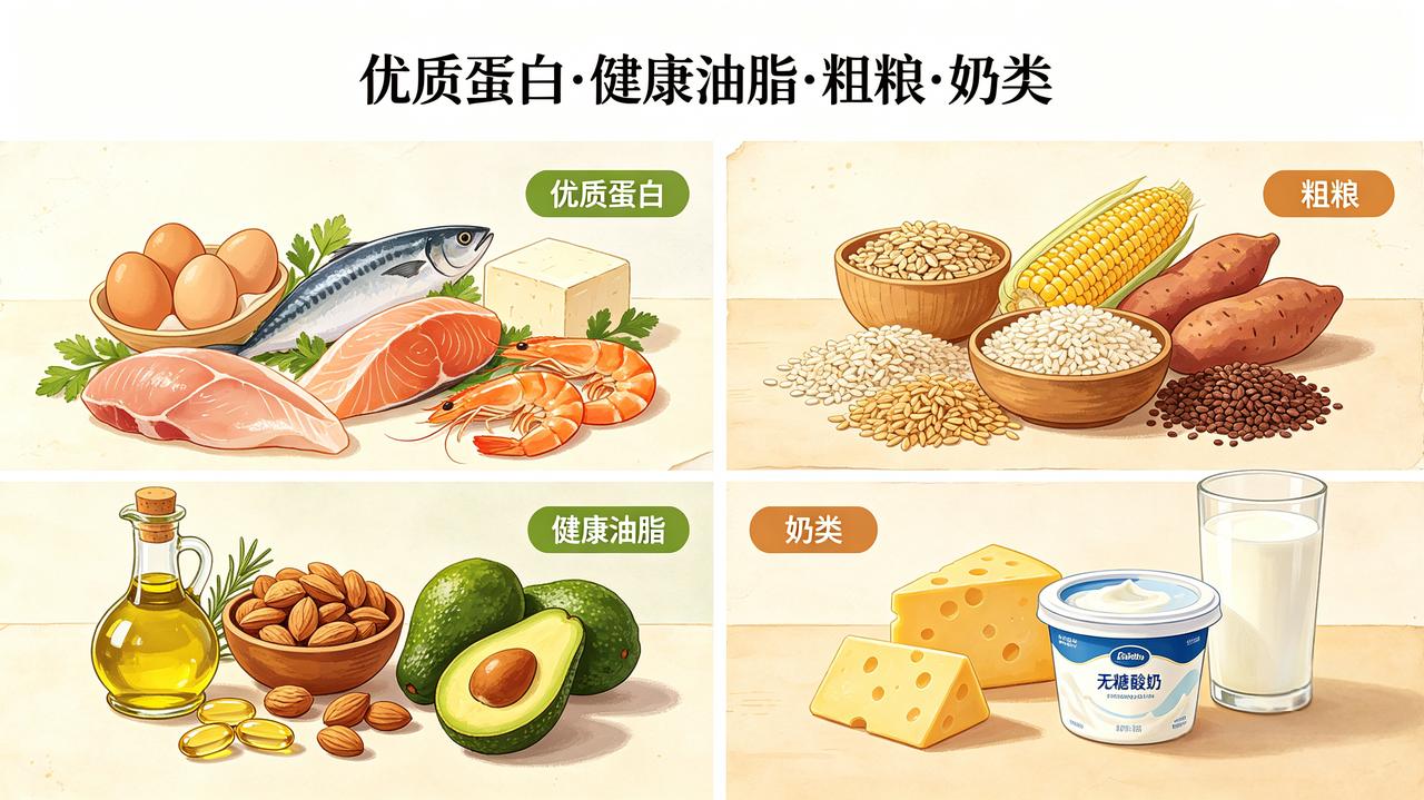 人过中年这7类食物一定要舍得吃: 
1.优质蛋白舍得吃:肉、蛋、奶、鱼、豆。
2