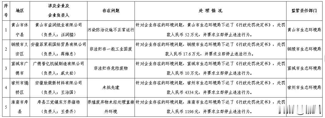 安徽省生态环境厅公布2026年6月份群众举报投诉重点环境问题处理情况，涉及污染防