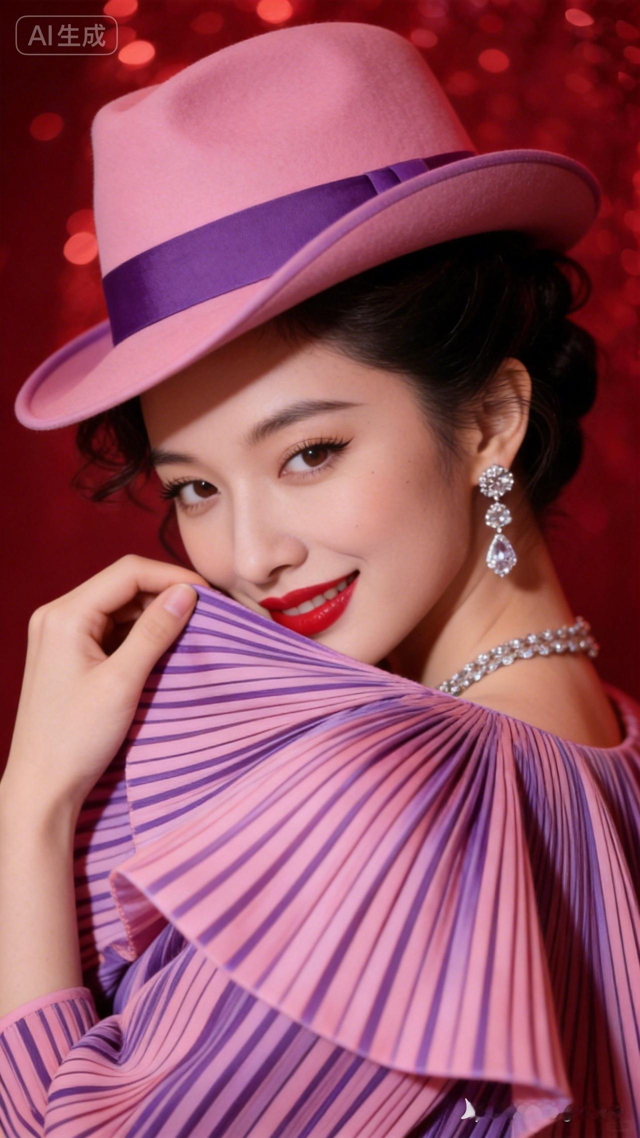 复古优雅，粉色礼帽与条纹裙的完美搭配，尽显时尚魅力！