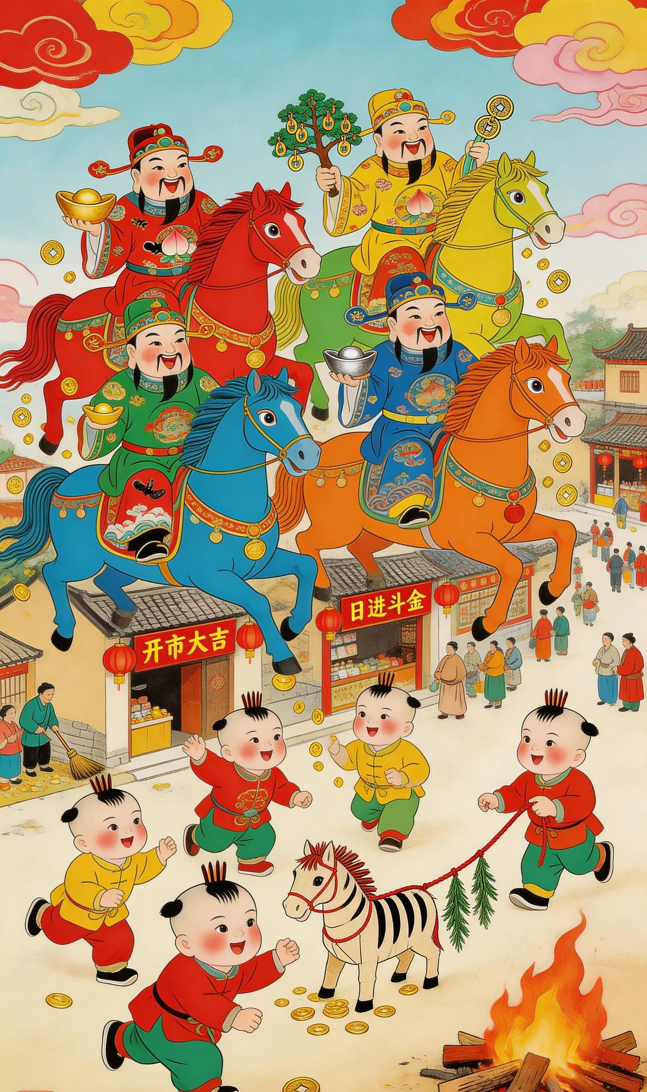 马年迎财神，五路送福来
初五晨光里，五匹鬃毛鎏金的龙马踏云而来。红鬃马驮着聚宝盆