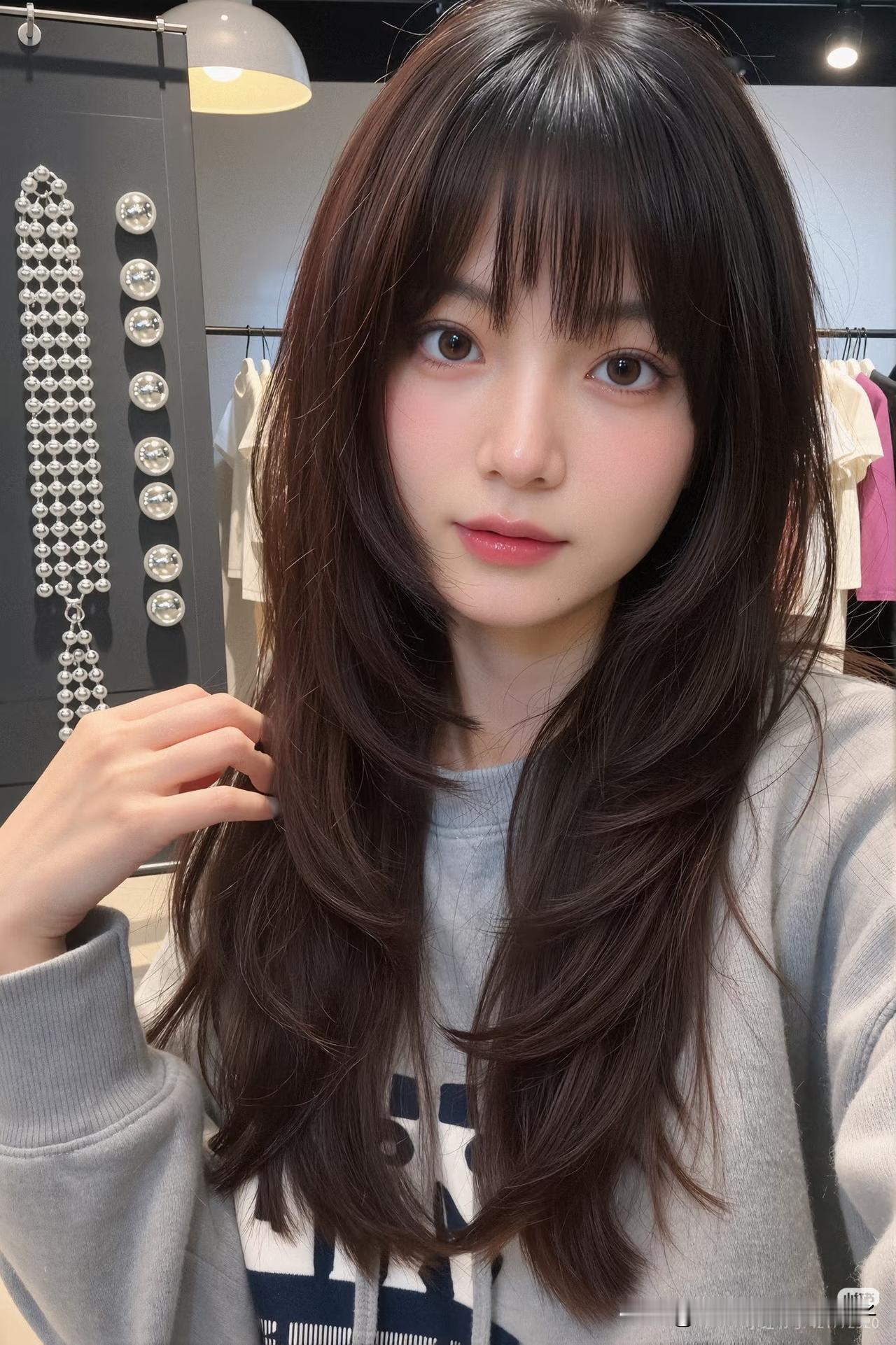 长发做了自然的层次感处理，去掉厚重感的同时，脸颊两侧的碎发刚好修饰下颌线，肉肉脸