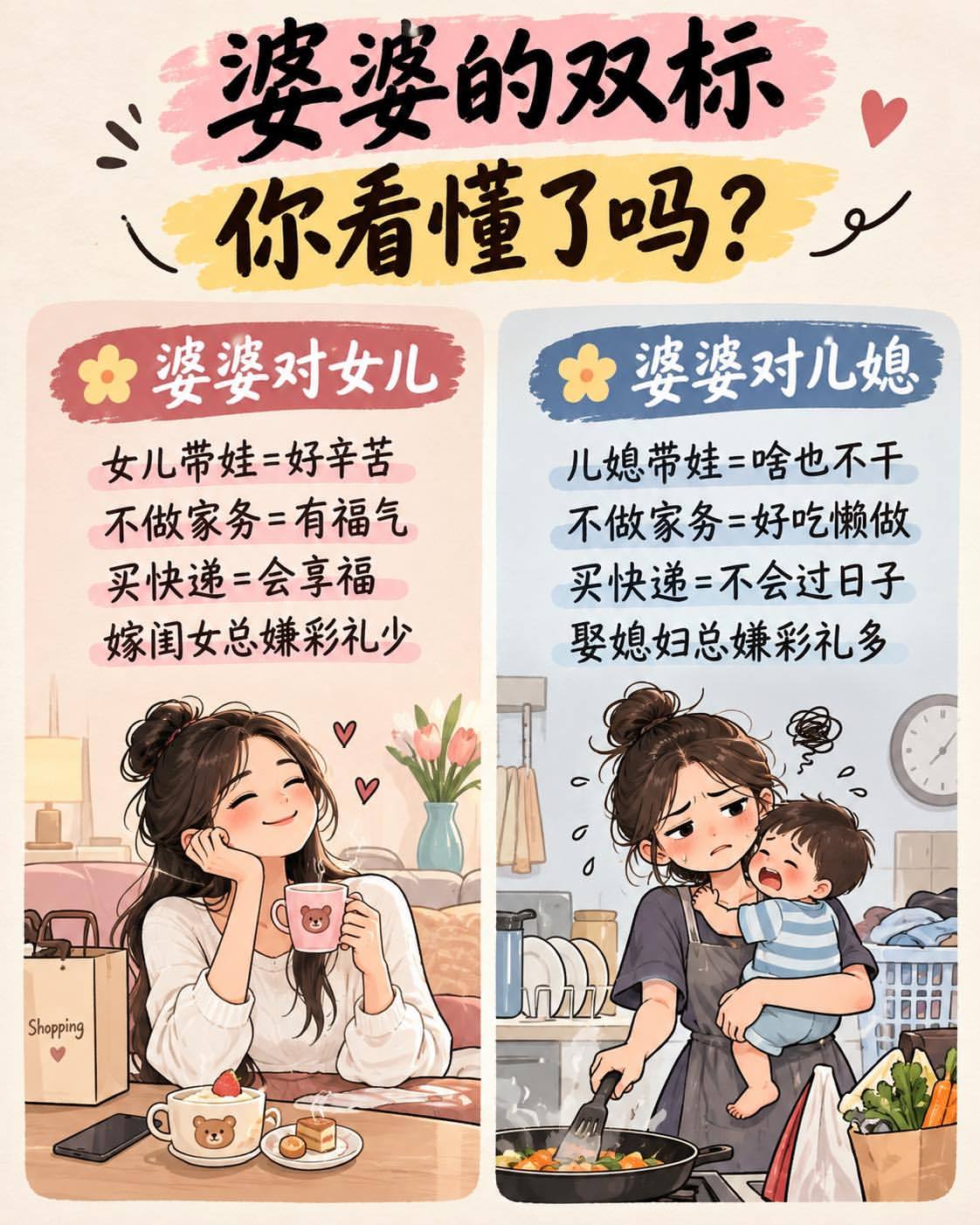 婆媳相处，最怕的不是辛苦，而是同样的事情，对女儿和儿媳却是两套标准。 ​​​