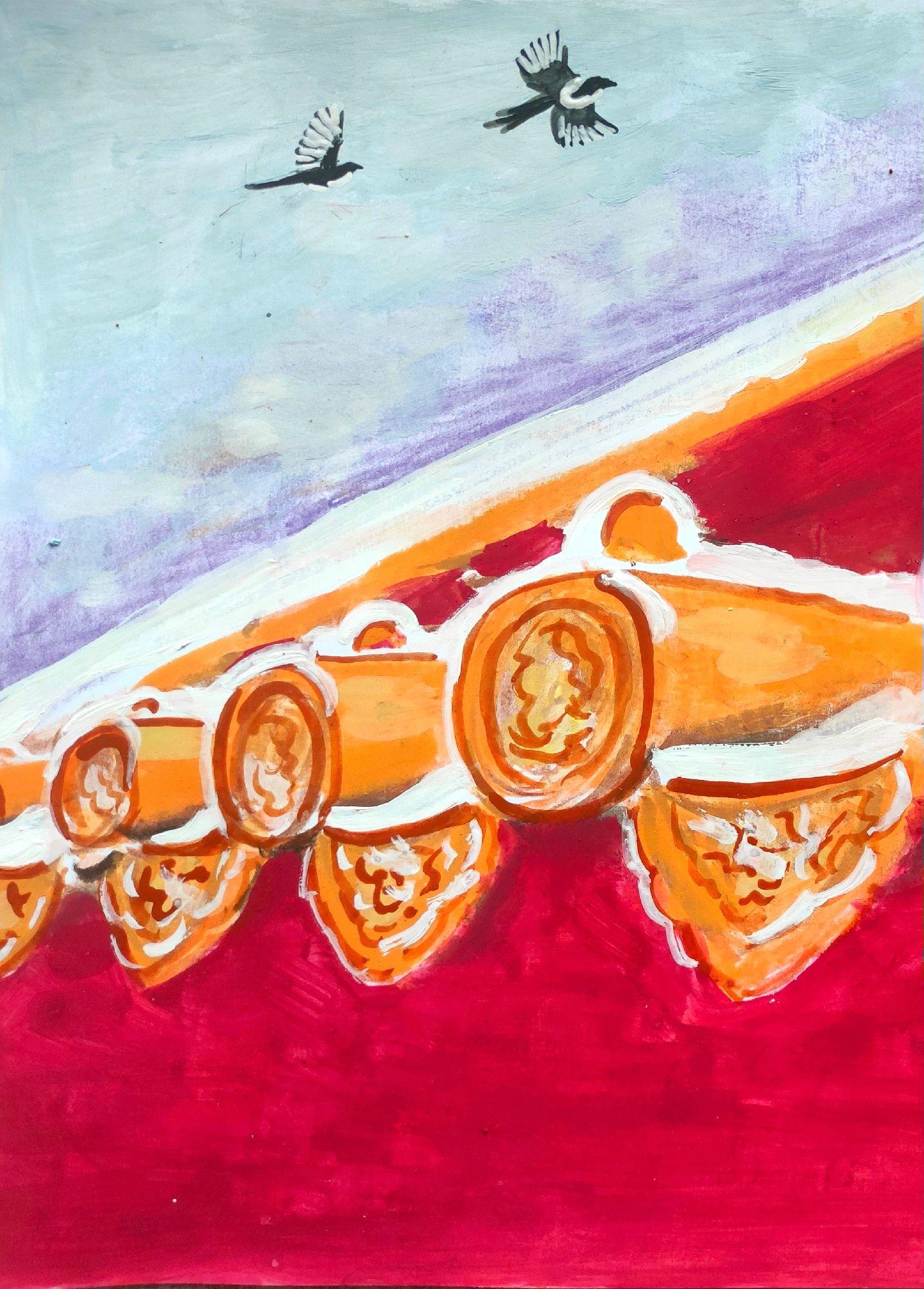 红墙白雪。朱墙金瓦覆霜痕，鹊掠晴空叩帝阍。六百宫墙风雪里，檐铃不语忆朝暾。