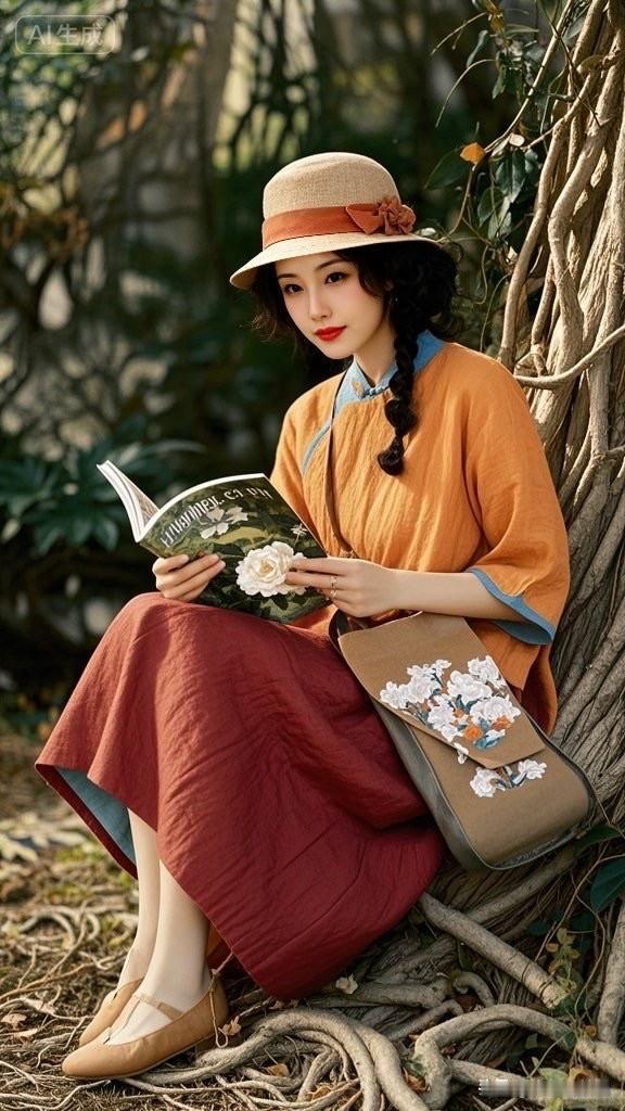 秋日暖阳下，红裙少女手捧鲜花，微笑如花🌸🍂