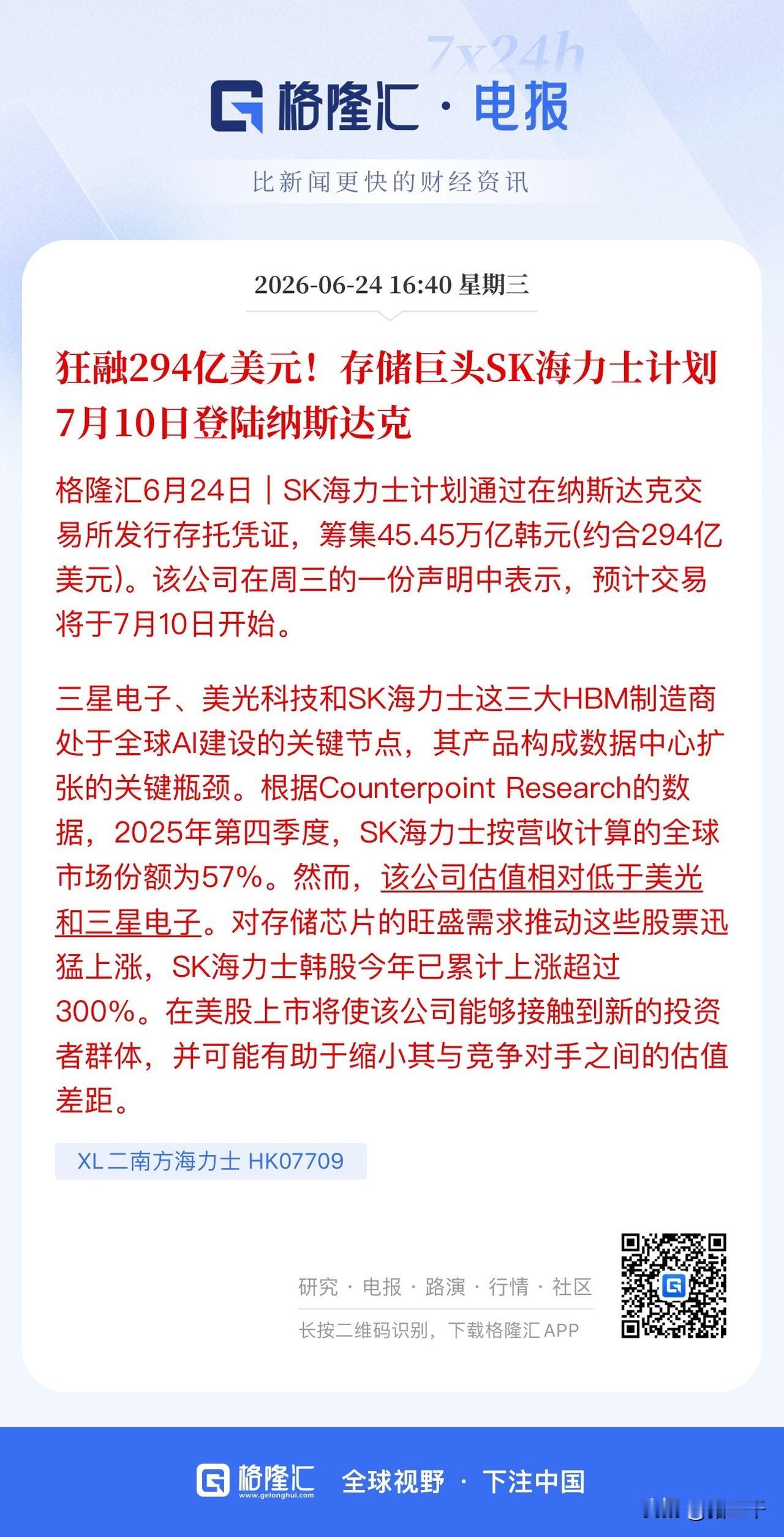 海力士受到华尔街胎教，
AD形式登入美股融资290亿美元，
比三星苦哈哈自掏腰包