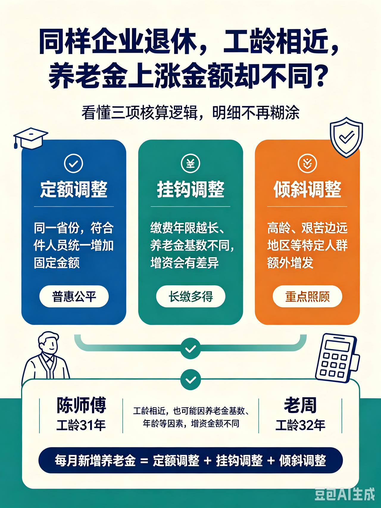 ：同样企业退休工龄相近，养老金上涨金额却不同？看懂三项核算逻辑
 
不少企业退休