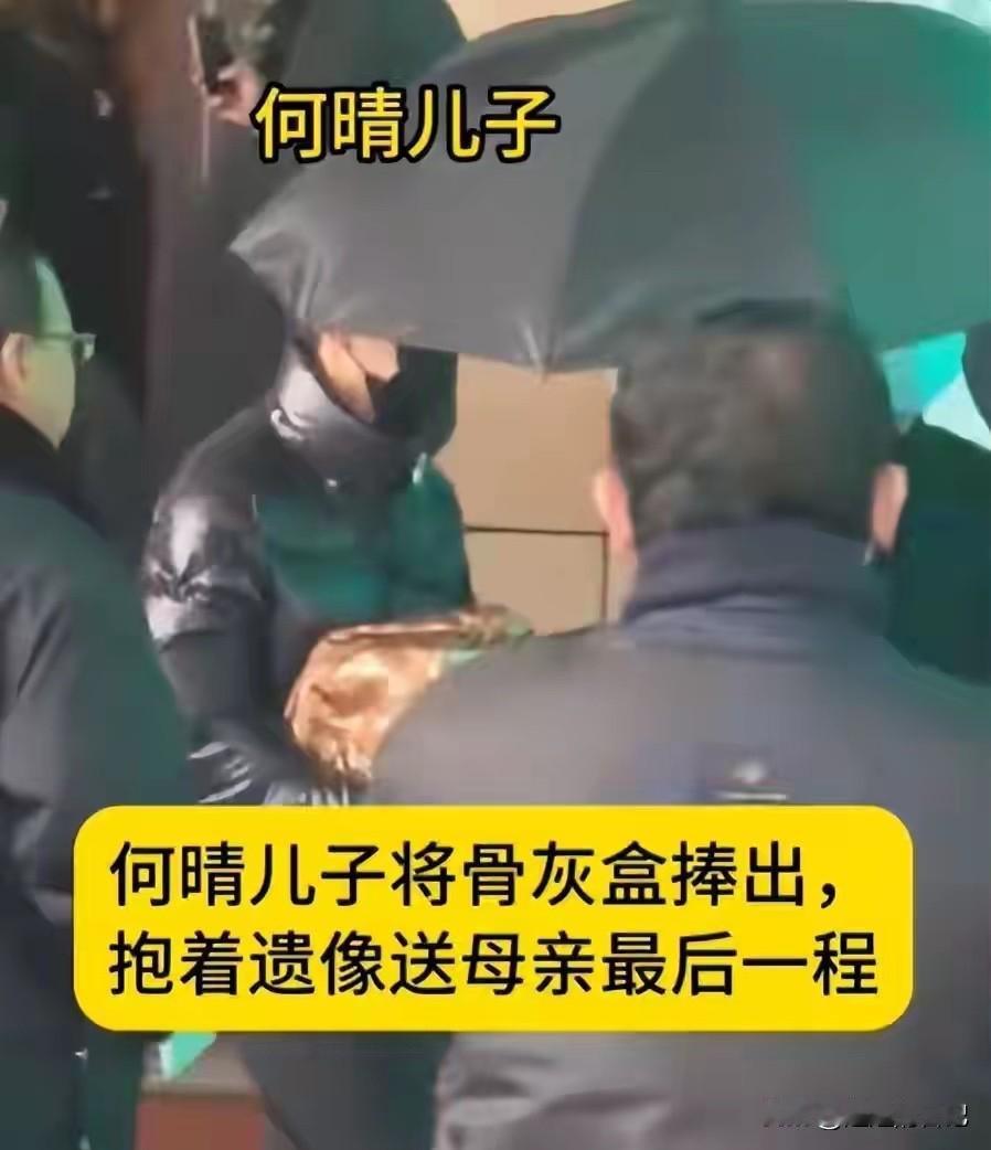 告别仪式上，何晴儿子捧着妈妈的骨灰盒，送妈妈最后一程，也许这就是生儿子的意义吧。
