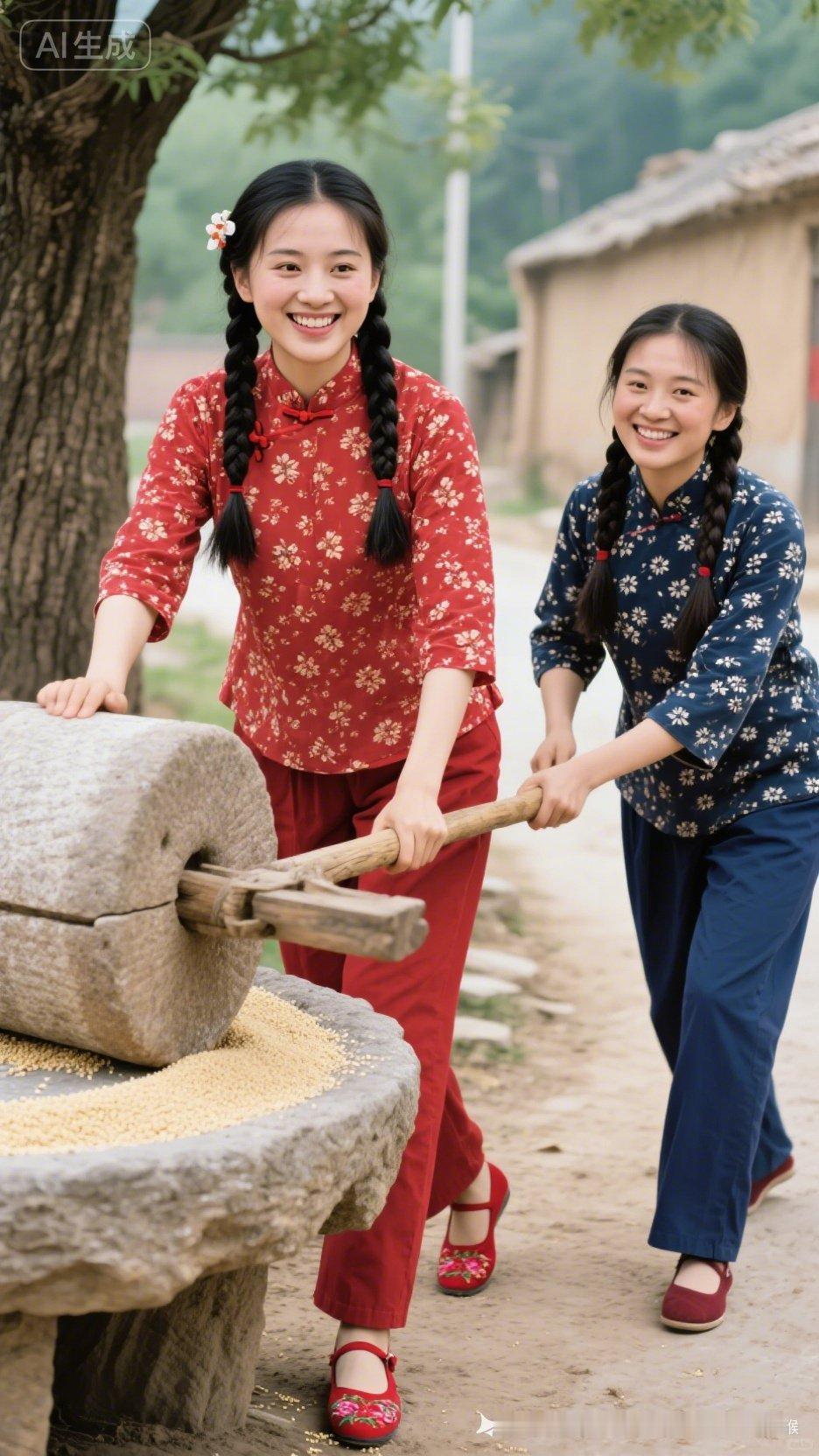姐妹俩一起体验古法磨米，感受传统文化的魅力！🌾👩‍👩‍👧‍👧