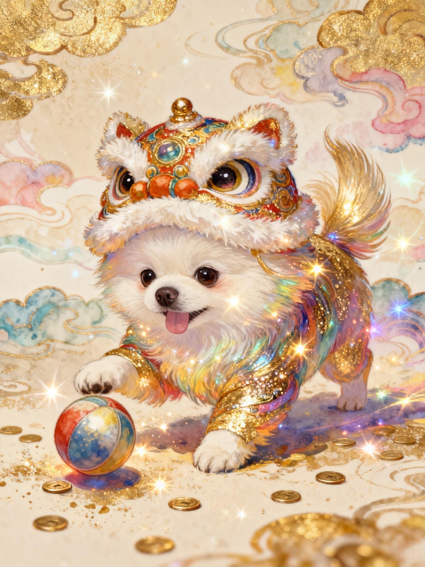 国潮舞狮水彩风