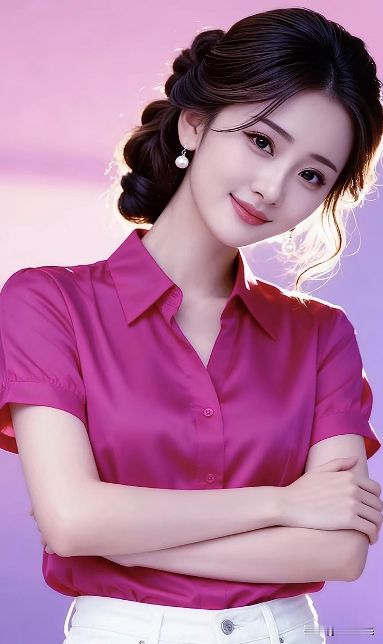 温柔甜美的粉色衬衫，搭配优雅的发型，散发着青春与优雅的气息。粉色衬衫搭配法 紫色