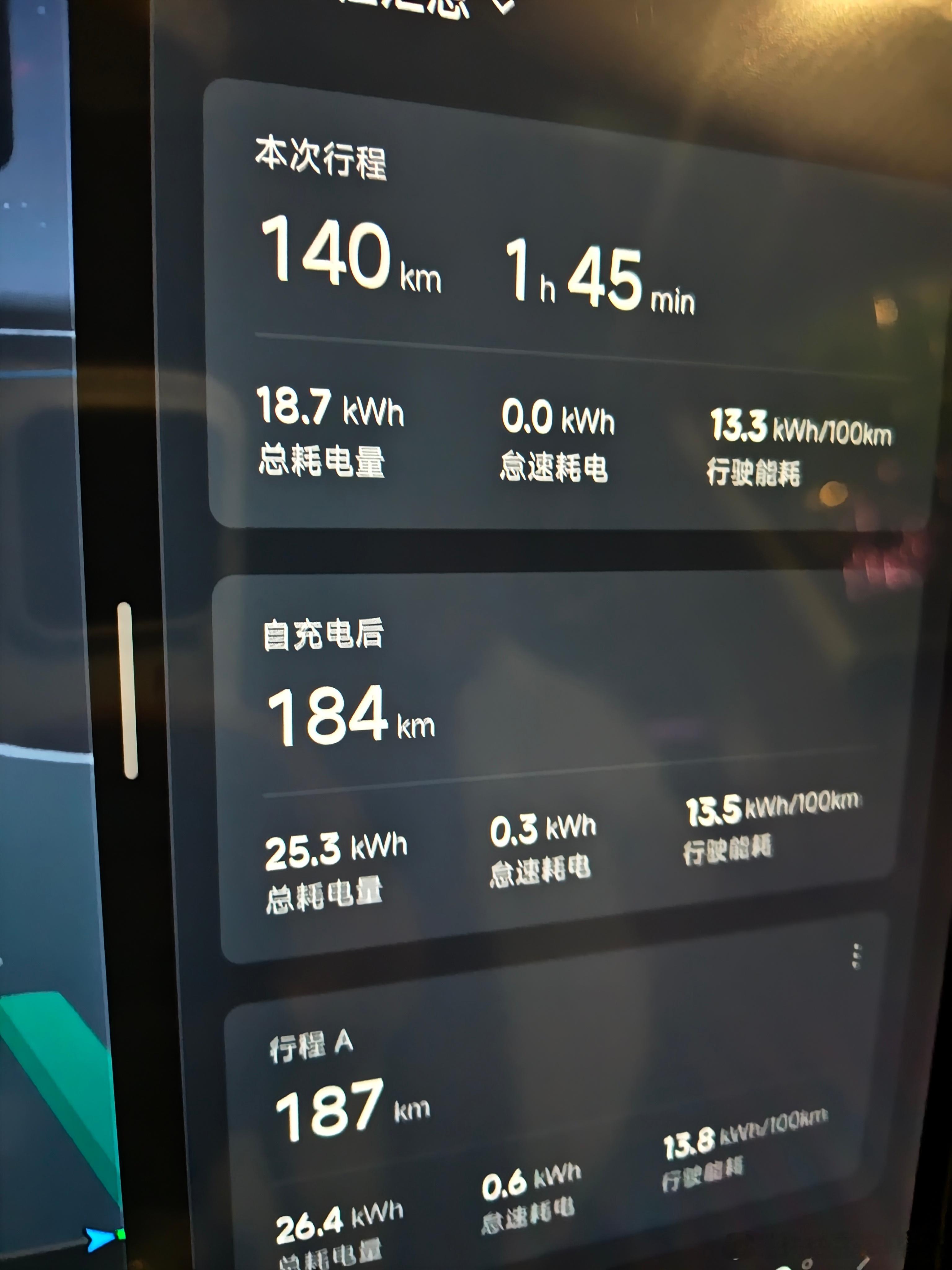 一路高速NOA开回来的能耗。下雨天海拔爬升50米一个人空调24度185×4=74